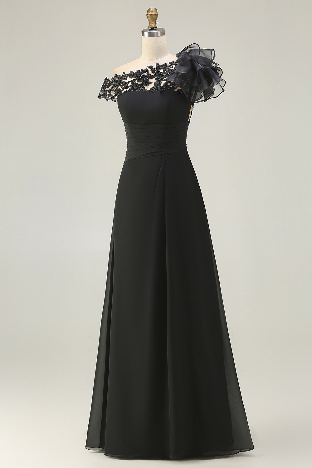 Black Ruffled One Shoulder Long Chiffon Mother of the Bride Dress with Lace