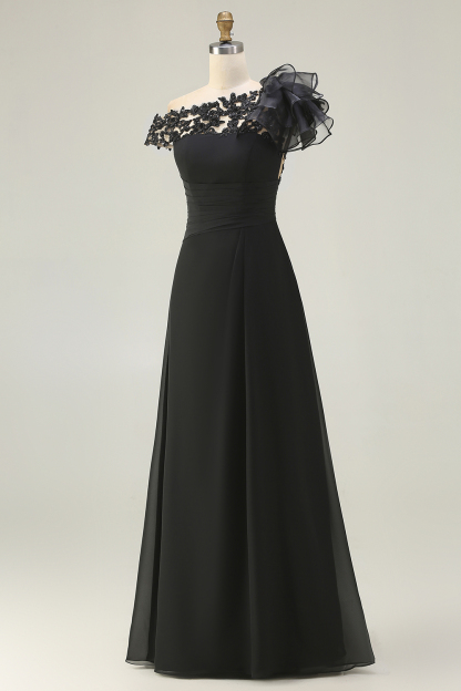 Black Ruffled One Shoulder Long Chiffon Mother of the Bride Dress with Lace