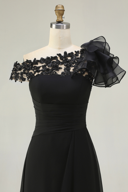 Black Ruffled One Shoulder Long Chiffon Mother of the Bride Dress with Lace
