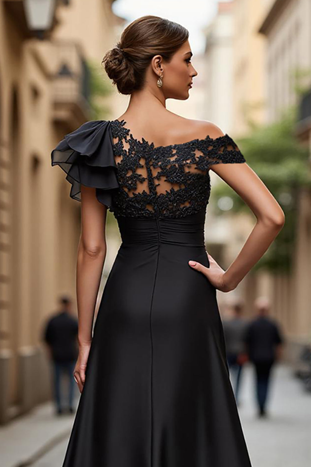 Black Chiffon Ruffled One Shoulder Maxi Mother of the Bride Dress with Lace