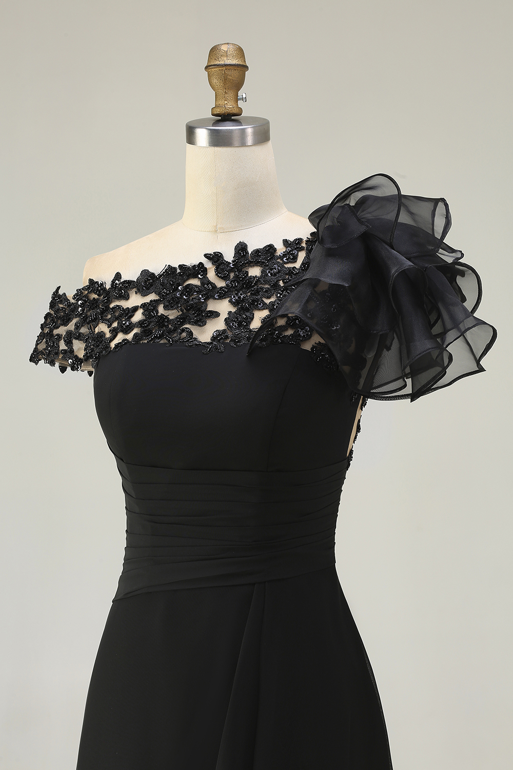 Black Ruffled One Shoulder Long Chiffon Mother of the Bride Dress with Lace