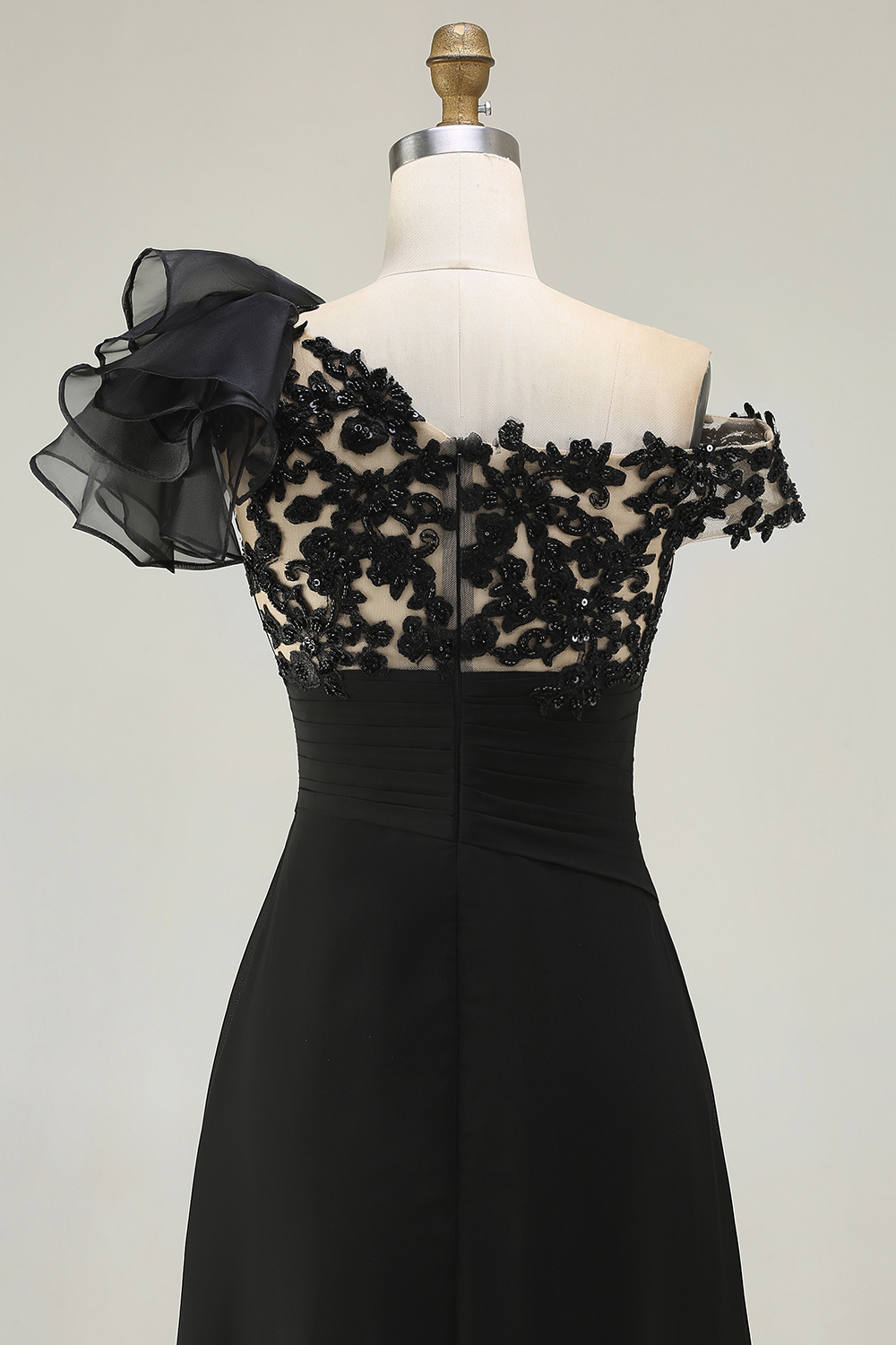 Black Ruffled One Shoulder Long Chiffon Mother of the Bride Dress with Lace