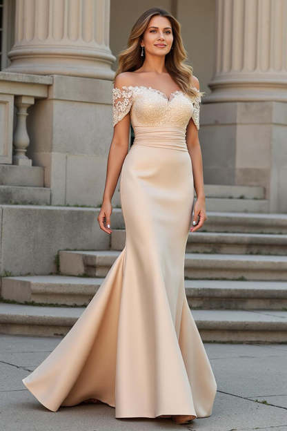 Leely Women Champagne Satin Mermaid Maxi Mother of the Bride Dress with Lace Ruched Off the Shoulder Wedding Guest Dress