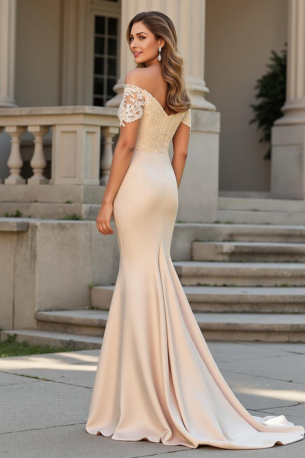 Satin Champagne Mermaid Maxi Mother of the Bride Dress with Lace