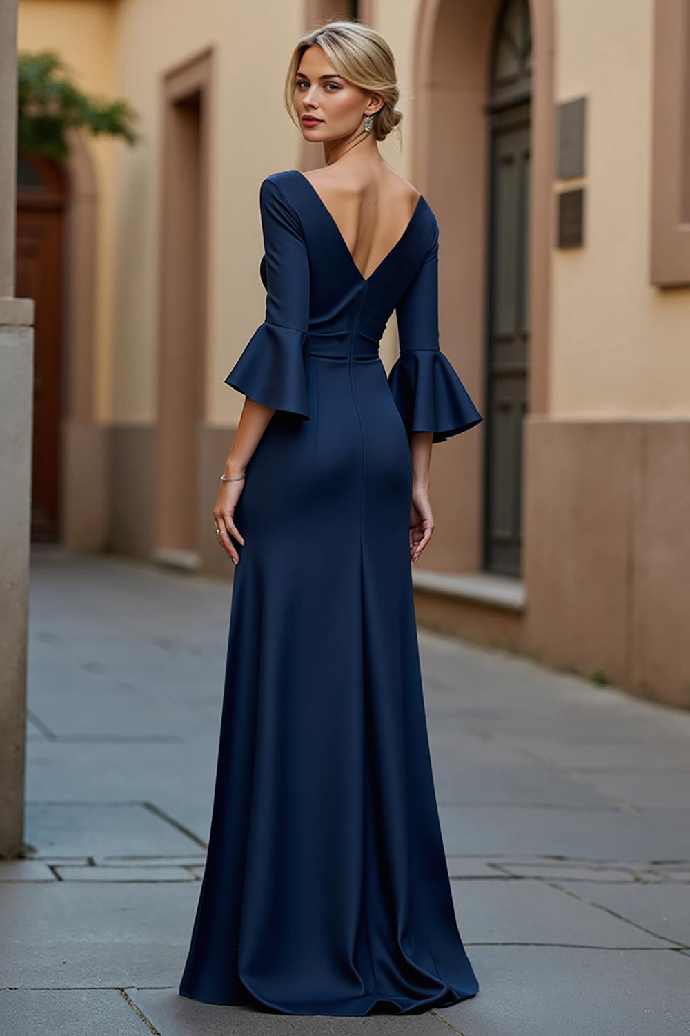 Navy Ruched Satin V-Neck Long Mother of the Bride Dress with Ruffles