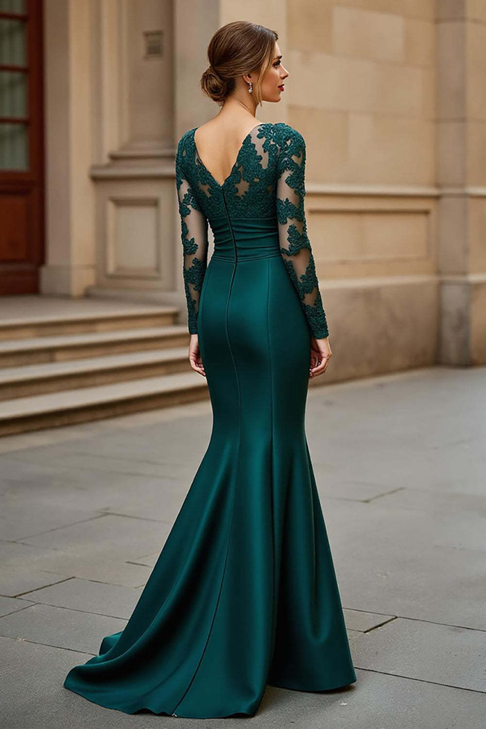 Pine Mermaid Satin V-Neck Maxi Mother of the Bride Dress with Appliques