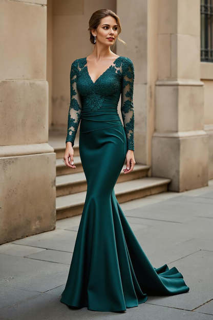 Leely Women Pine Satin Maxi Mermaid Mother of the Bride Dress with Appliques V-Neck Ruched Wedding Guest Dress with Sleeves
