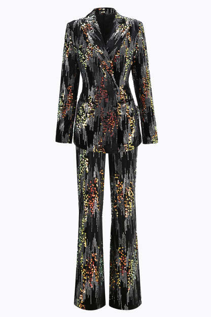 Leely Women Sparkly Black 2 Piece Sequin Women Prom Suits Peak Lapel Party Tuxedo with Sleeves