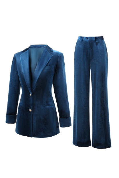 2 Piece Velvet Peacock Blue Notched Lapel Women Prom Suits