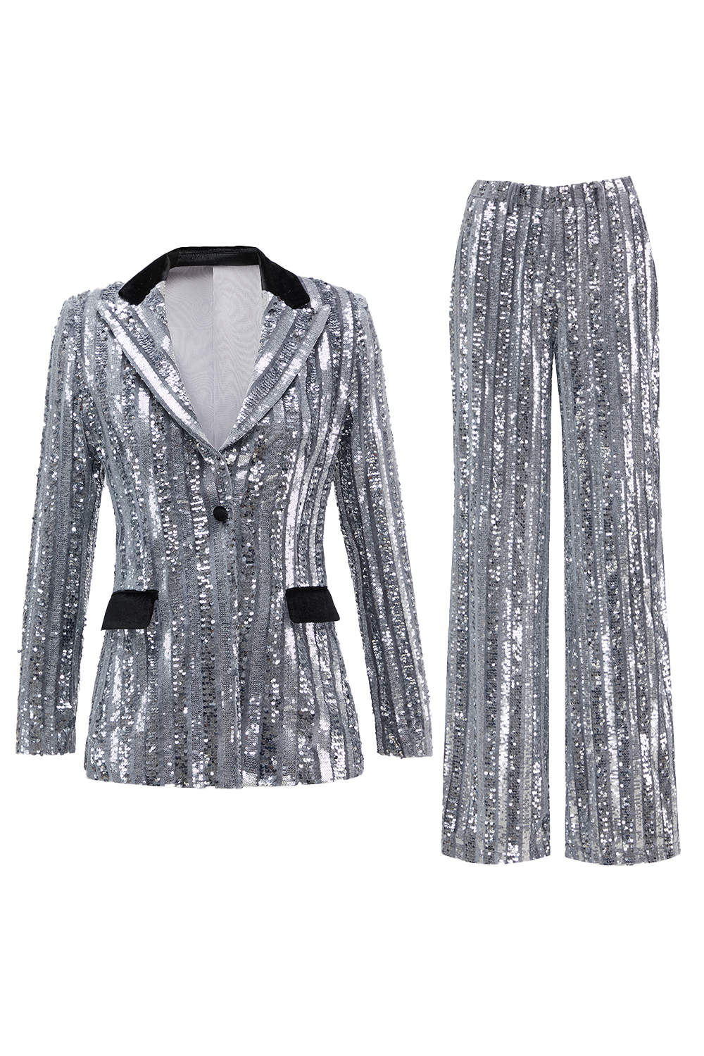 Leely Women Sparkly Silver Seuqins Prom Suits 2 Piece One Button Party Tuxedo