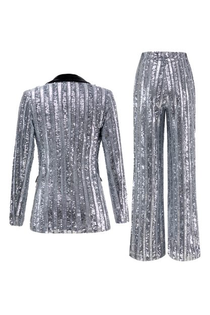 Sparkly Silver 2 Piece Sequins One Button Prom Party Suits