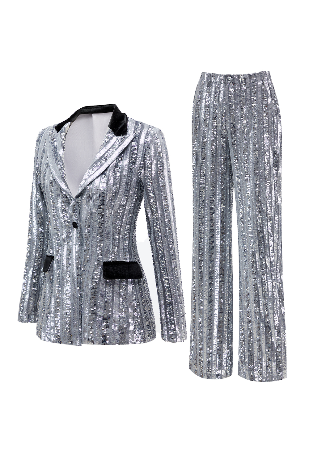 Sparkly Silver 2 Piece Sequins One Button Prom Party Suits
