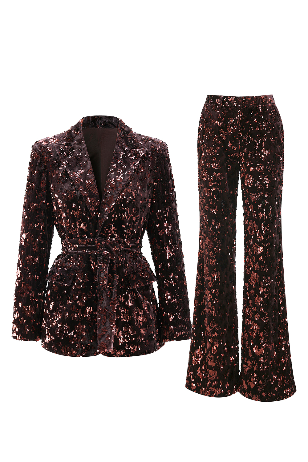 Sparkly Coffee Peak Lapel 2 Piece Sequin Women Prom Suits with Sash