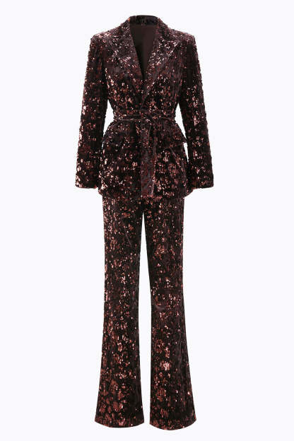 Leely Women Sparkly Coffee Sequin Peak Lapel Women Prom Suits with Sash 2 Piece Party Tuxedo with Sleeves