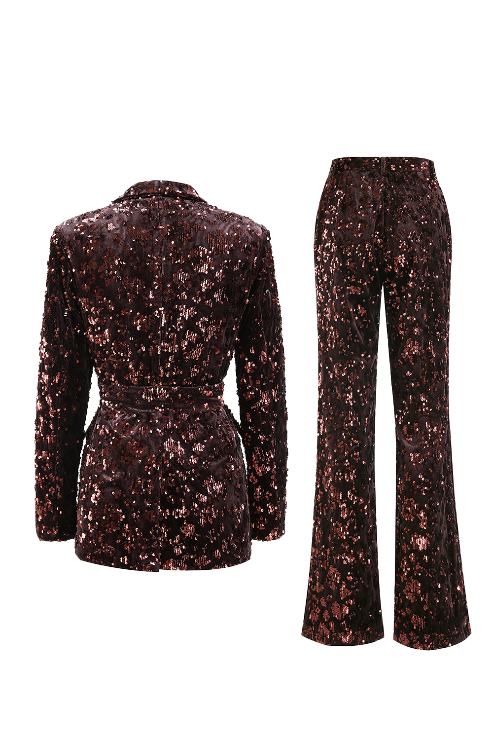 Sparkly Coffee Peak Lapel 2 Piece Sequin Women Prom Suits with Sash