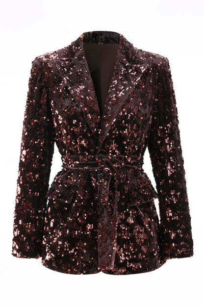 Sparkly Coffee Peak Lapel 2 Piece Sequin Women Prom Suits with Sash