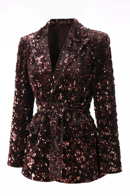 Sparkly Coffee Peak Lapel 2 Piece Sequin Women Prom Suits with Sash