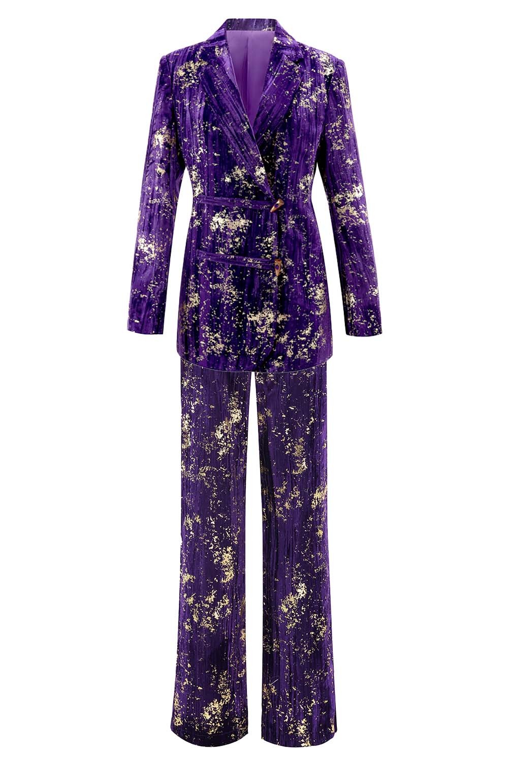 Leely Women Purple 2 Piece Floral Women Prom Suits with Sleeves Notched Lapel Single Breasted Party Tuxedo