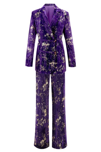 Leely Women Purple 2 Piece Floral Women Prom Suits with Sleeves Notched Lapel Single Breasted Party Tuxedo