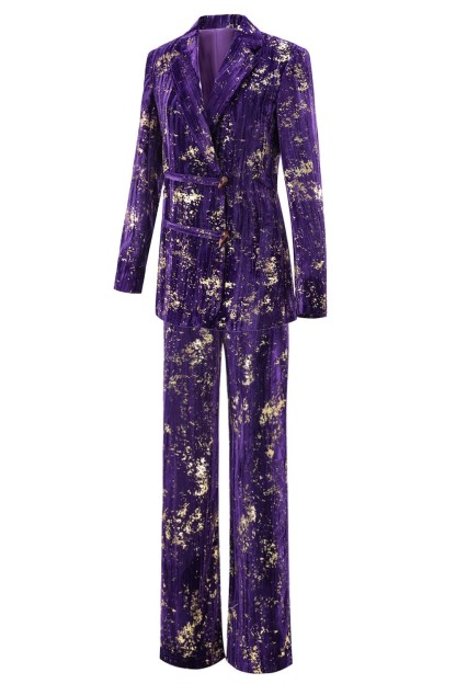 Purple 2 Piece Floral Notched Lapel Women Prom Suits with Sleeves