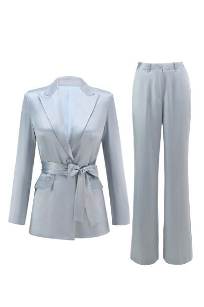 Dusty Blue 2 Piece Satin Women Prom Suits with Sash