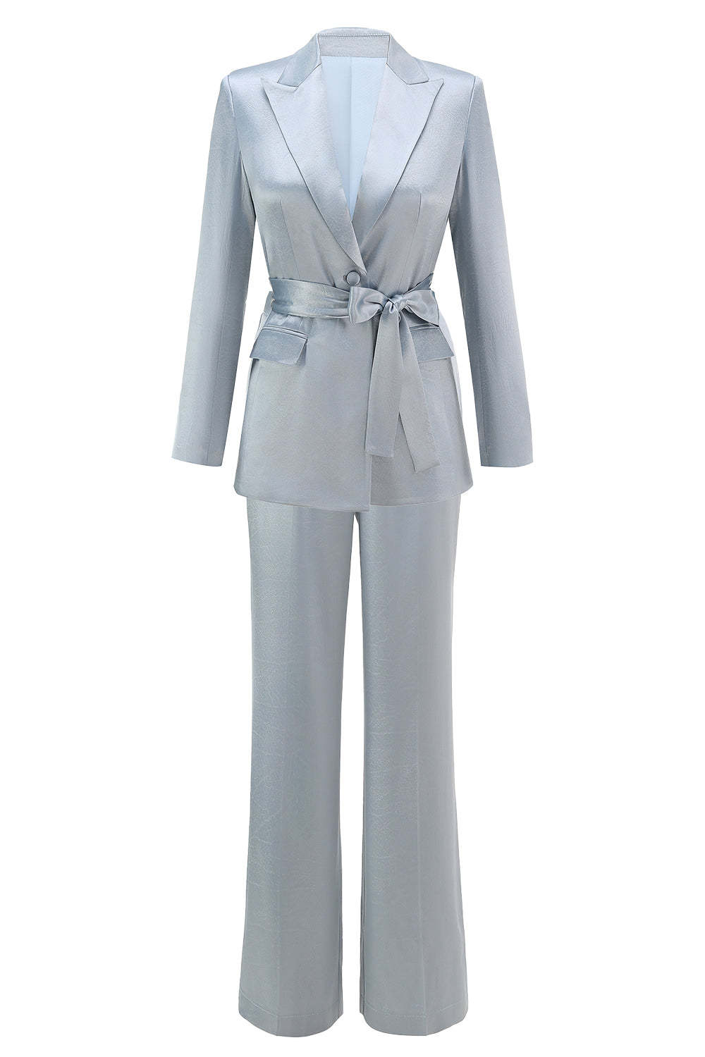 Leely Women Dusty Blue Satin Women Prom Suits with Sash Peak Lapel 2 Piece Business Suits with Sleeves