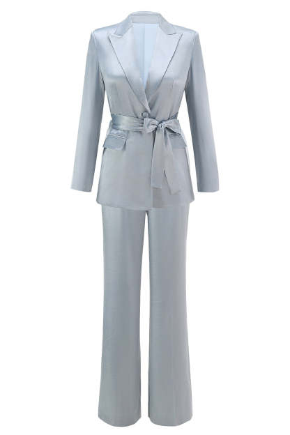 Leely Women Dusty Blue Satin Women Prom Suits with Sash Peak Lapel 2 Piece Business Suits with Sleeves