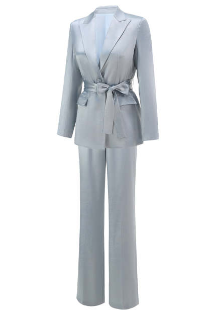 Dusty Blue 2 Piece Satin Women Prom Suits with Sash