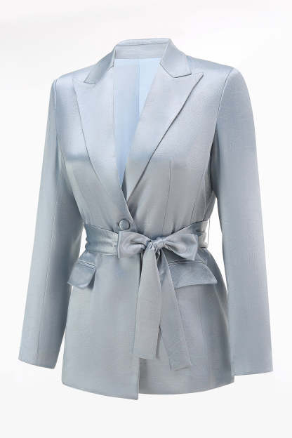 Dusty Blue 2 Piece Satin Women Prom Suits with Sash