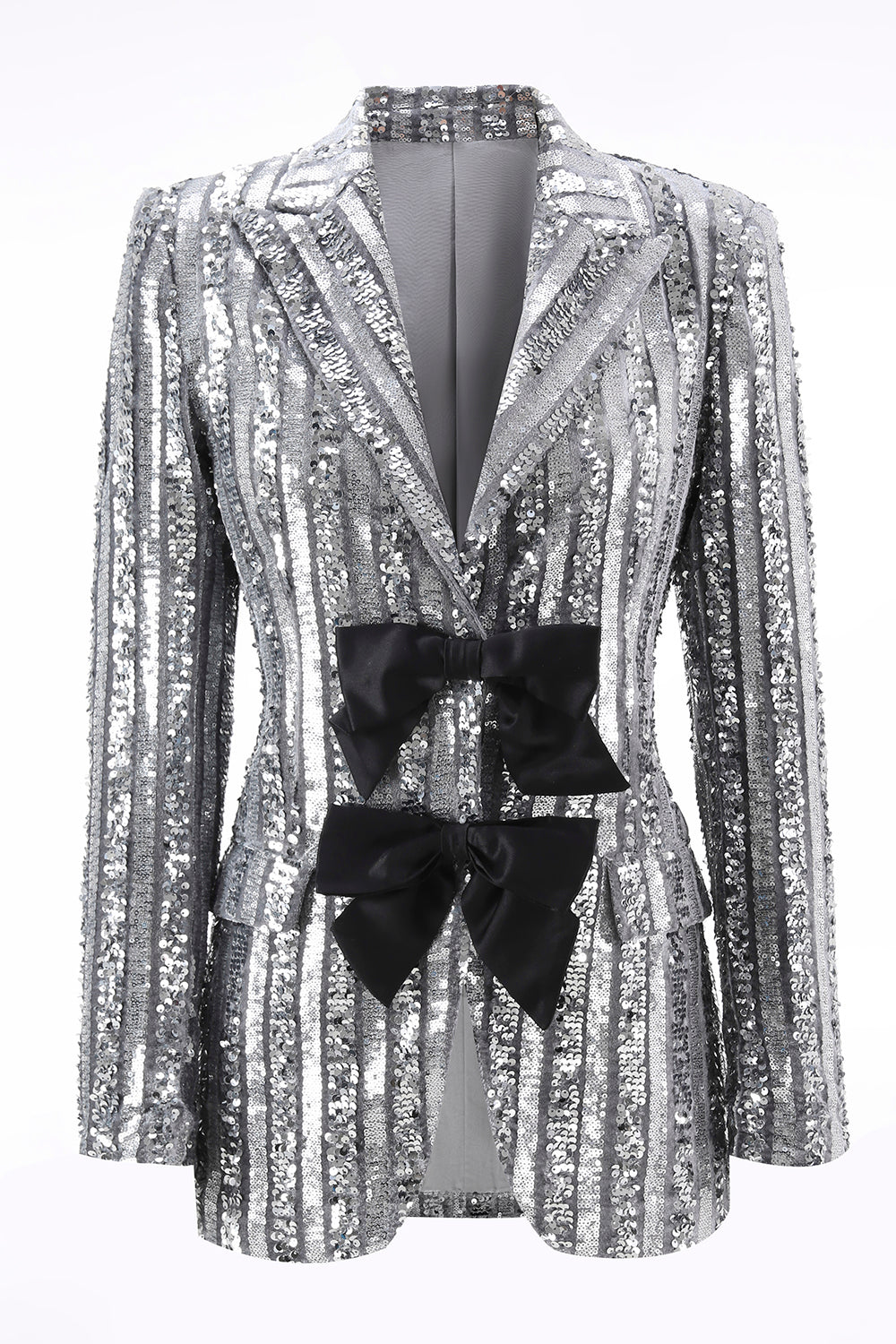 Leely Women Sparkly Silver Grey Sequin Prom Blazer with Bow Peak Lapel Women Jacket