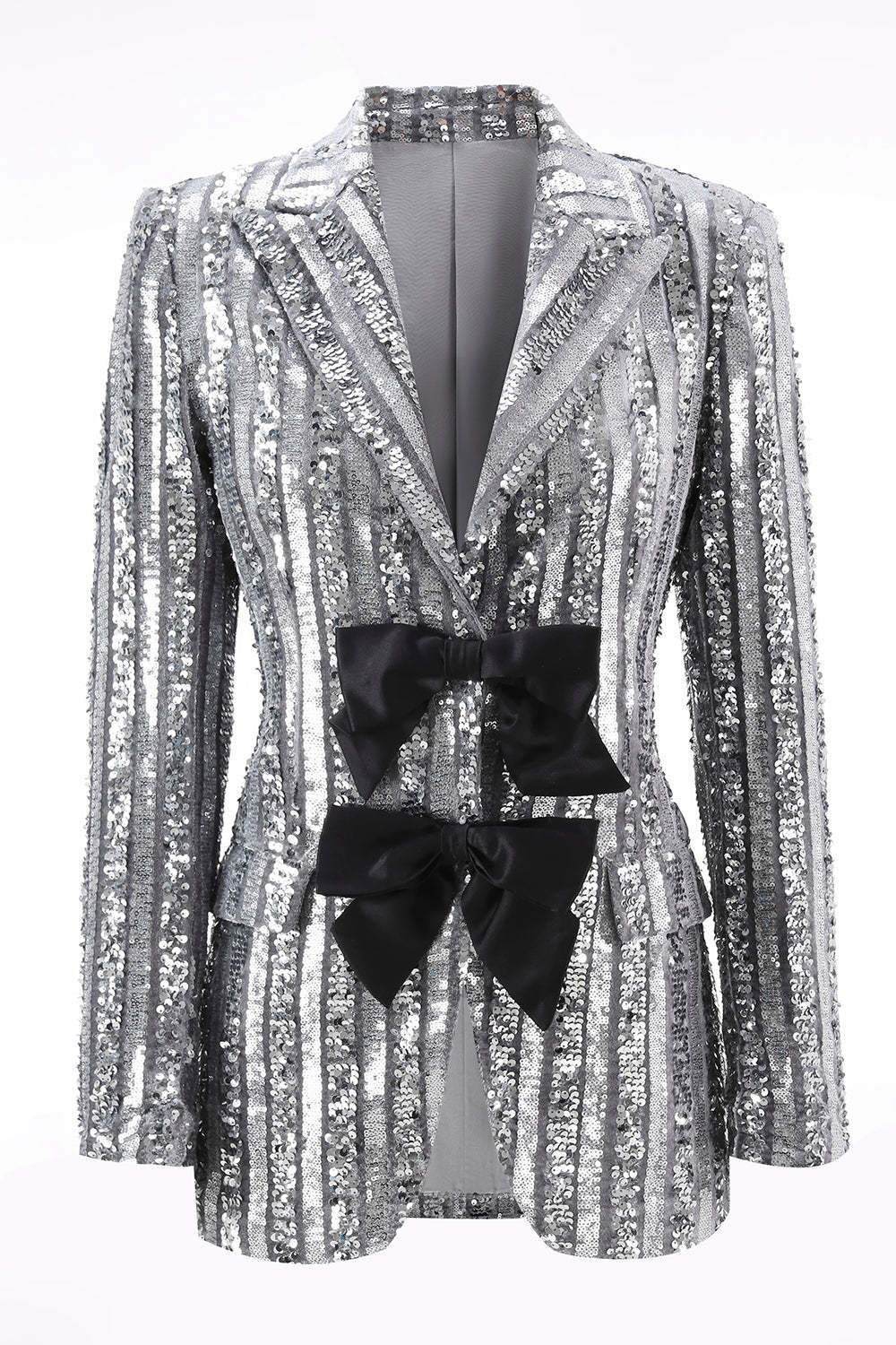 Leely Women Sparkly Silver Grey Sequin Prom Blazer with Bow Peak Lapel Women Jacket
