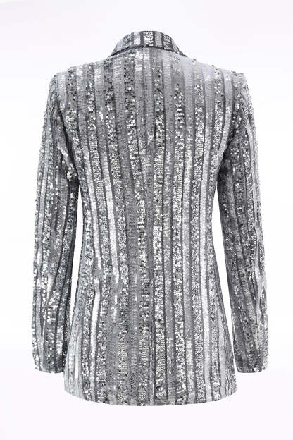 Sparkly Sequin Silver Grey Peak Lapel Women Prom Blazer with Bow