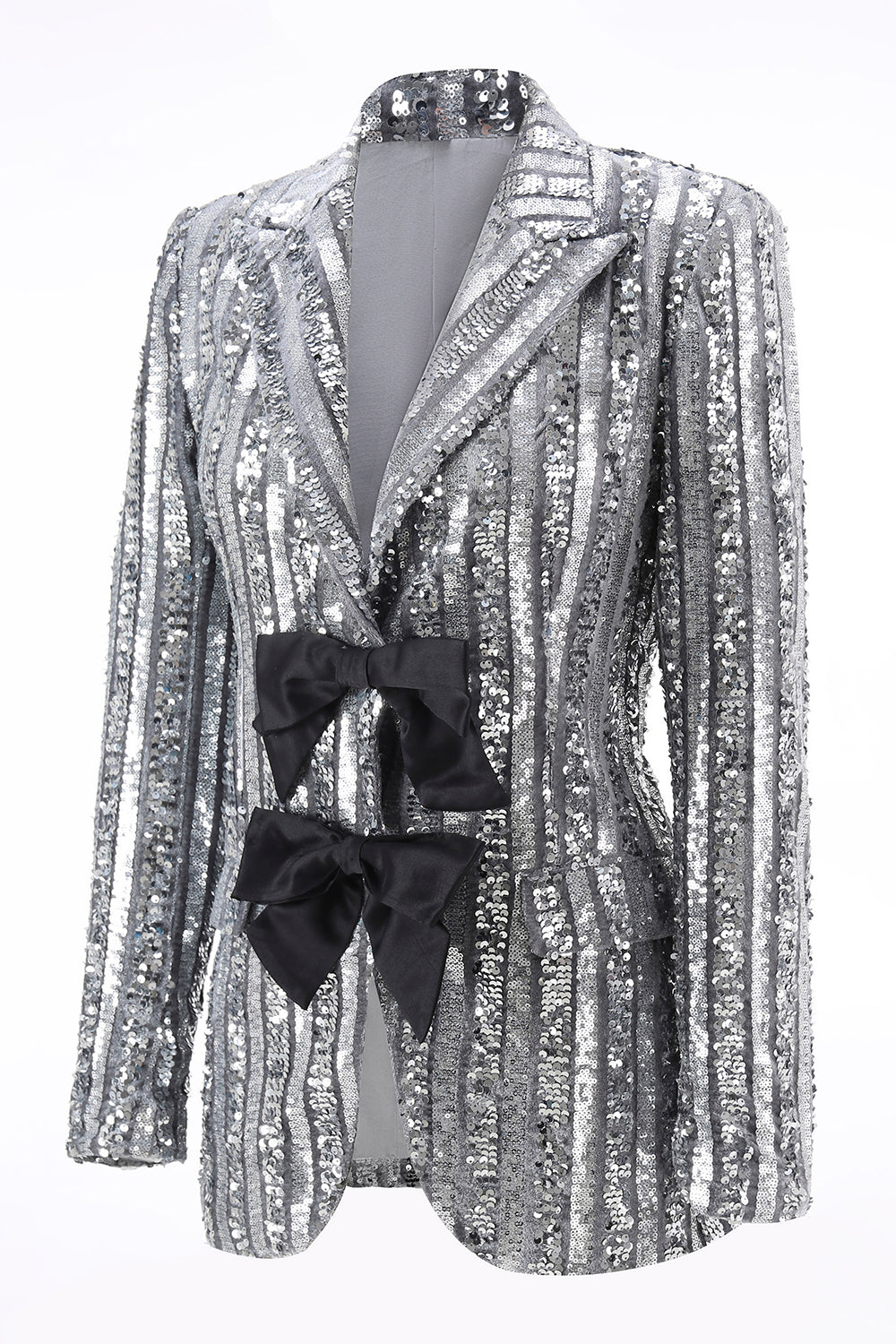 Sparkly Sequin Silver Grey Peak Lapel Women Prom Blazer with Bow