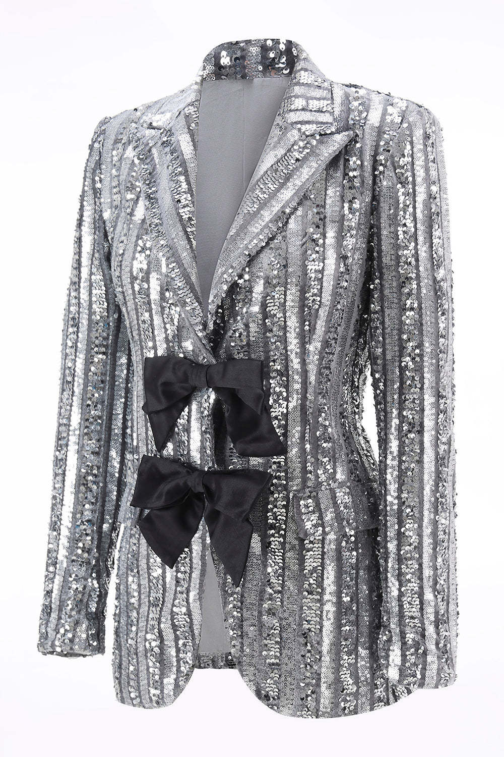 Sparkly Sequin Silver Grey Peak Lapel Women Prom Blazer with Bow