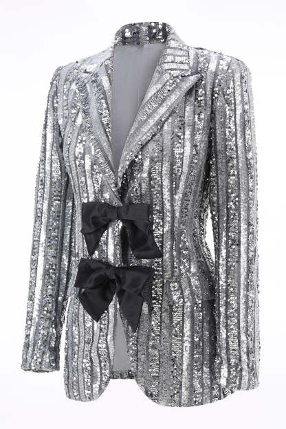 Sparkly Sequin Silver Grey Peak Lapel Women Prom Blazer with Bow