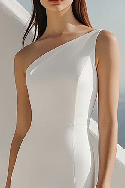 Maxi Ivory One Shoulder Sheath Rehearsal Dinner Dress with Slit