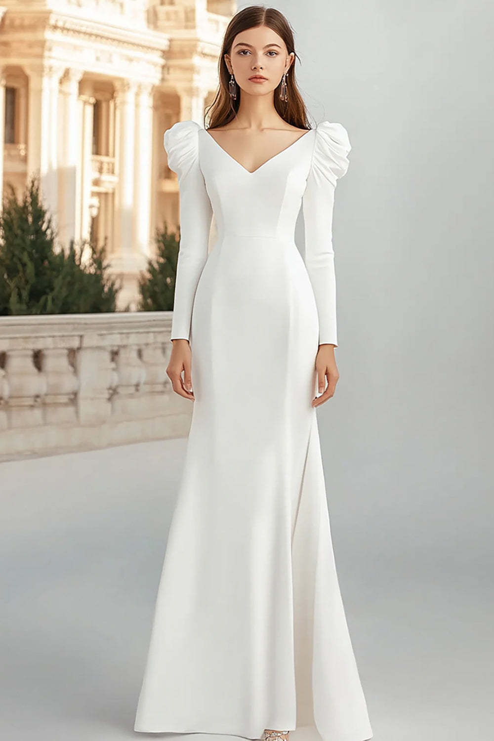 Leely Women Ivory Satin Maxi Mermaid Rehearsal Dinner Dress Long Sleeves V-Neck Wedding Reception Dress