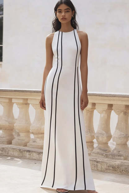 Leely Women White and Black Striped Sheath Maxi Rehearsal Dinner Dress Round Neck Sleeveless Wedding Reception Dress