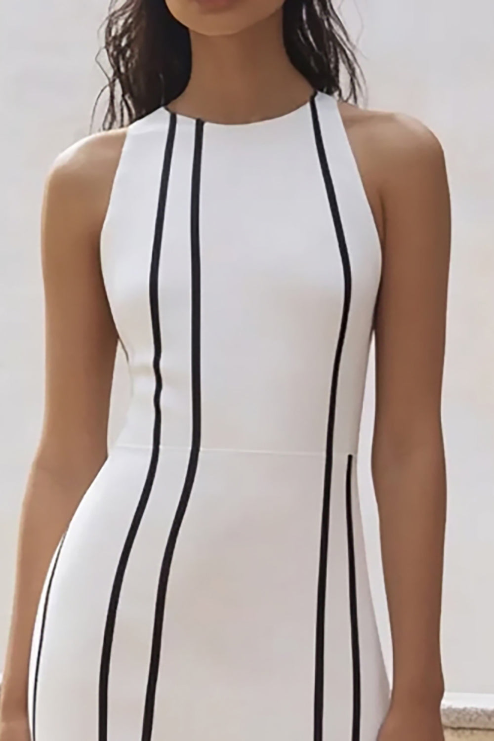 White and Black Striped Sheath Sleeveless Maxi Rehearsal Dinner Dress