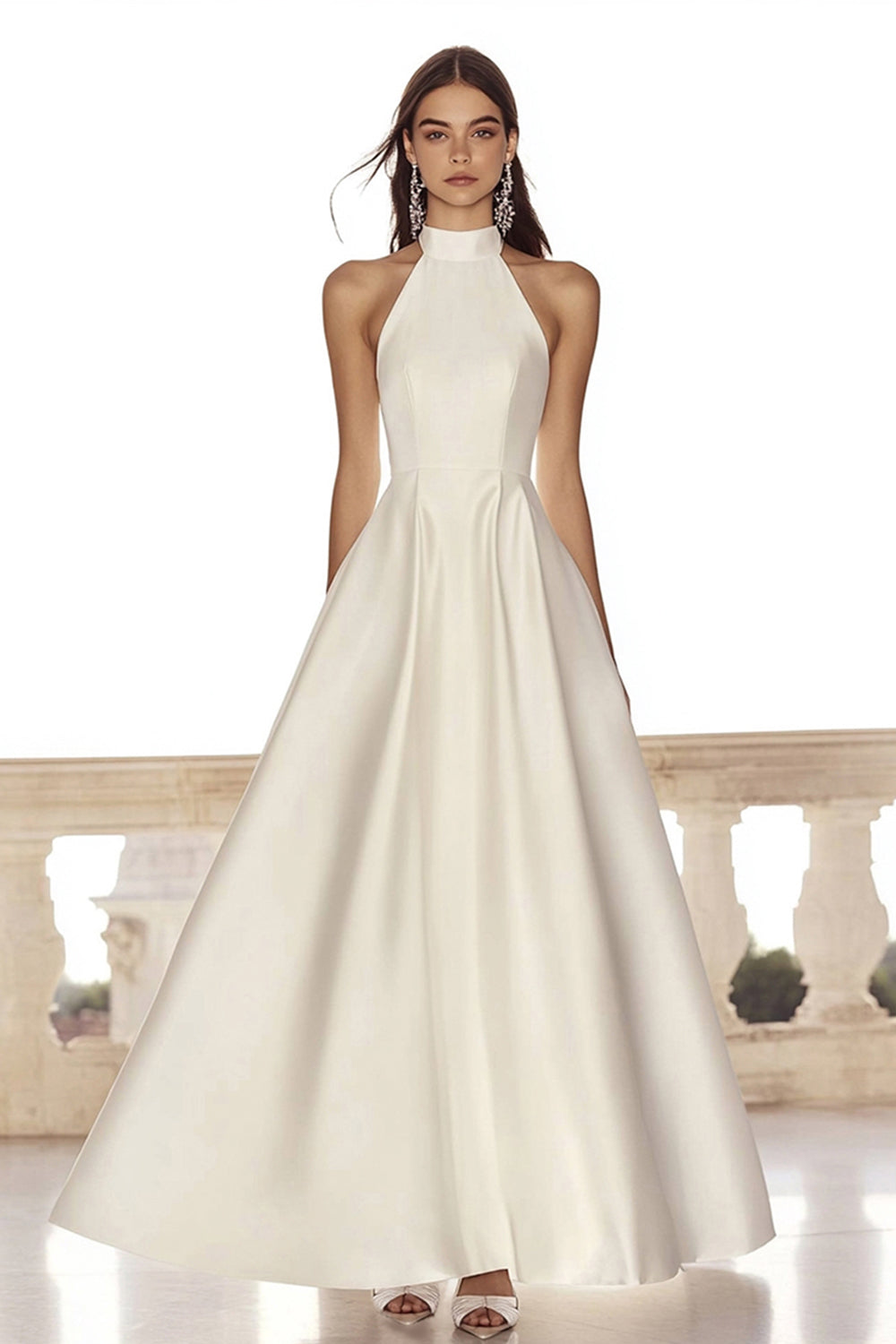 Satin Maxi Ivory High Neck Sleeveless A Line Rehearsal Dinner Dress