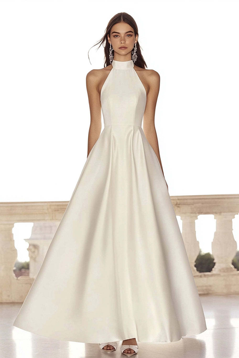 Leely Women Ivory Satin Maxi Rehearsal Dinner Dress High Neck A Line Sleeveless Wedding Reception Dress