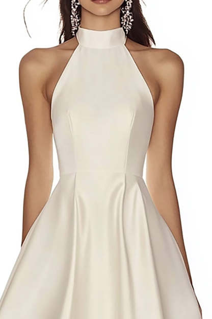 Satin Maxi Ivory High Neck Sleeveless A Line Rehearsal Dinner Dress