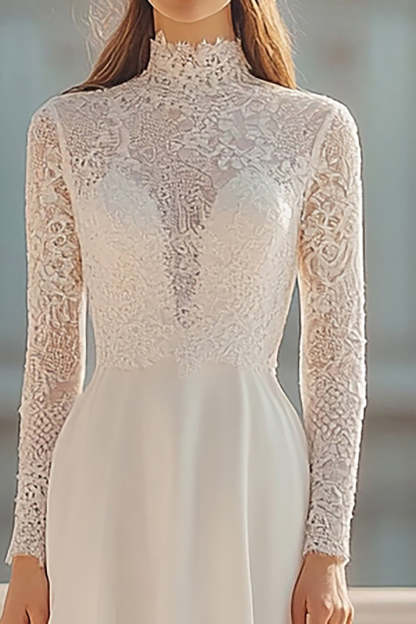 A Line Ivory High Neck Long Sleeves Rehearsal Dinner Dress with Lace
