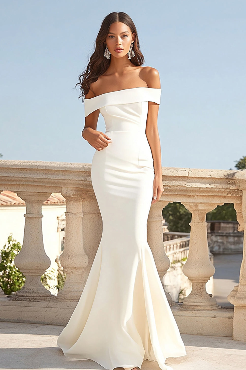 Elegant Ivory Mermaid Off the Shoulder Maxi Satin Rehearsal Dinner Dress