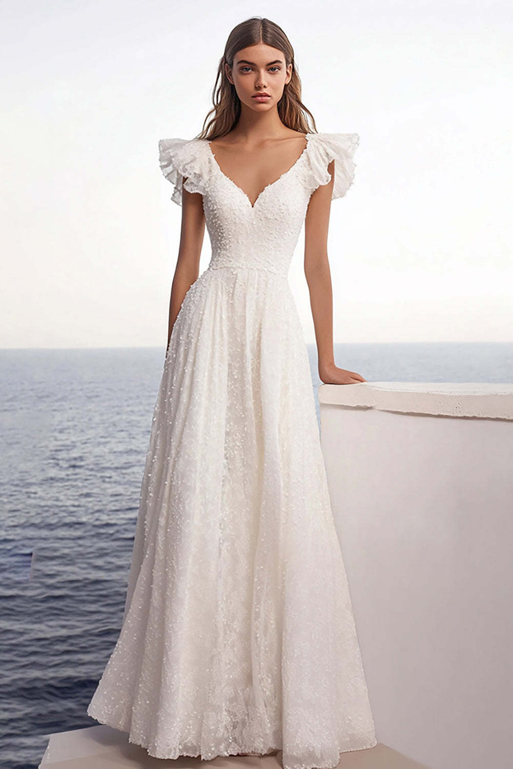 Leely Women Ivory Lace Maxi Rehearsal Dinner Dress with Ruffles V-Neck A Line Wedding Reception Dress