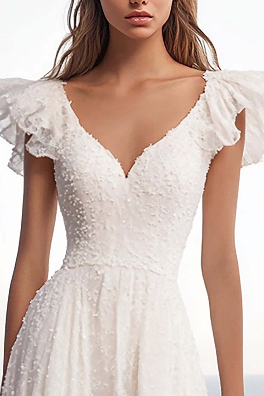 A Line Ivory Lace V-Neck Maxi Rehearsal Dinner Dress with Ruffles