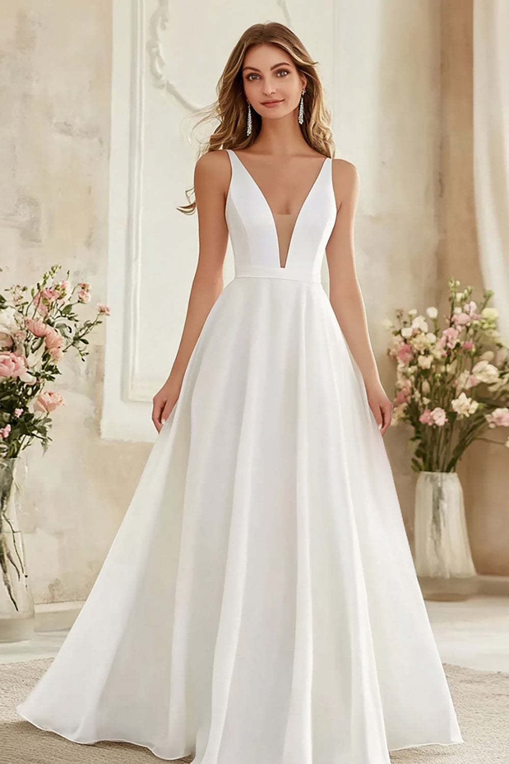 Leely Women Ivory Chiffon Maxi Rehearsal Dinner Dress Deep V-Neck Sleeveless A Line Wedding Reception Dress