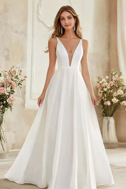 Leely Women Ivory Chiffon Maxi Rehearsal Dinner Dress Deep V-Neck Sleeveless A Line Wedding Reception Dress
