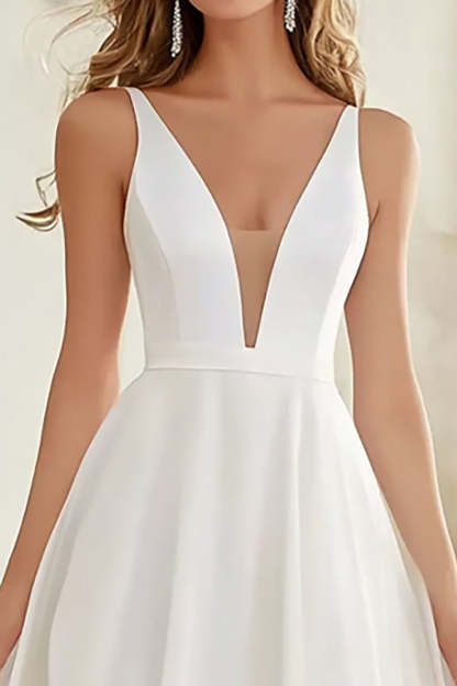 Ivory V-Neck Sleeveless A Line Chiffon Maxi Rehearsal Dinner Dress