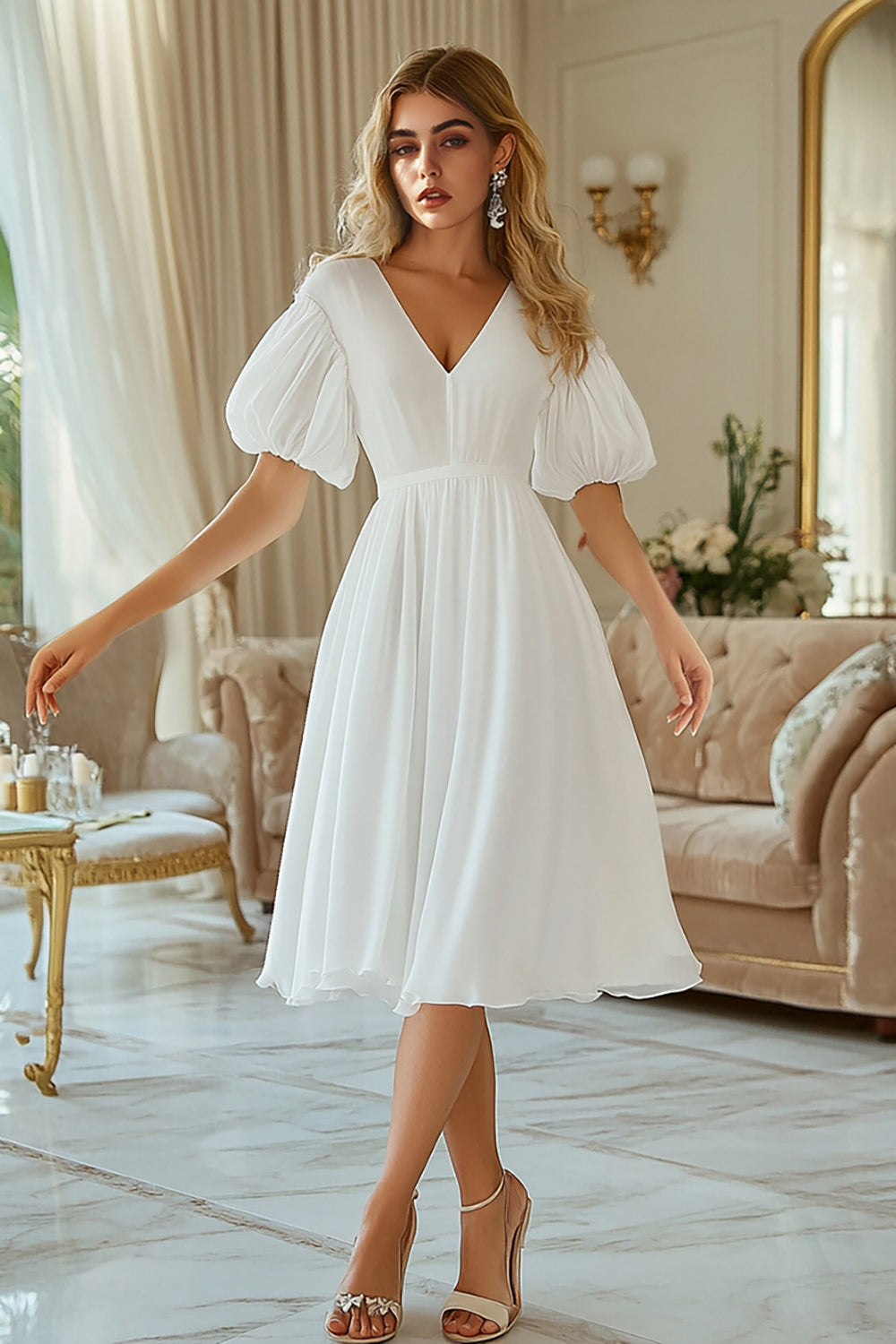 Leely Women Ivory Chiffon Midi Engagement Dress V-Neck A Line Puff Sleeves Bridal Shower Dress